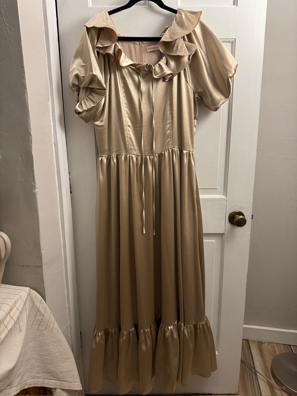 Ivy City Co Gold Satin Ruffle-Trim Maxi Dress - Picture 6 of 14